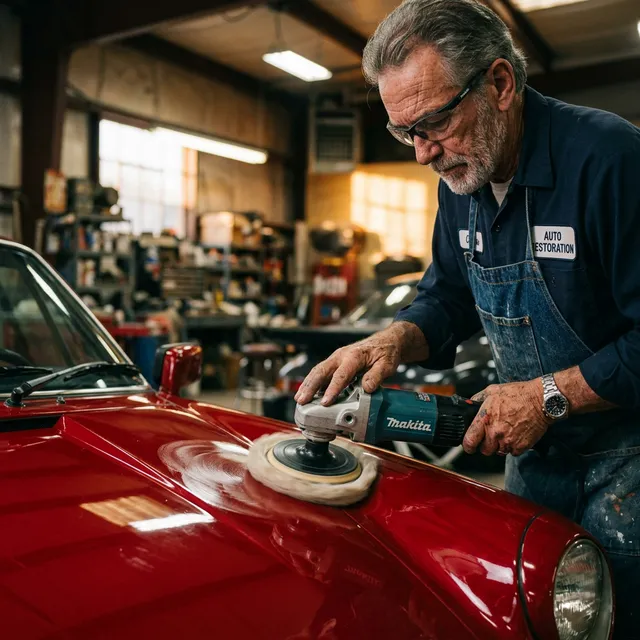 Mechanic polishing a red car at Rudy's Auto Shop in Glendale AZ